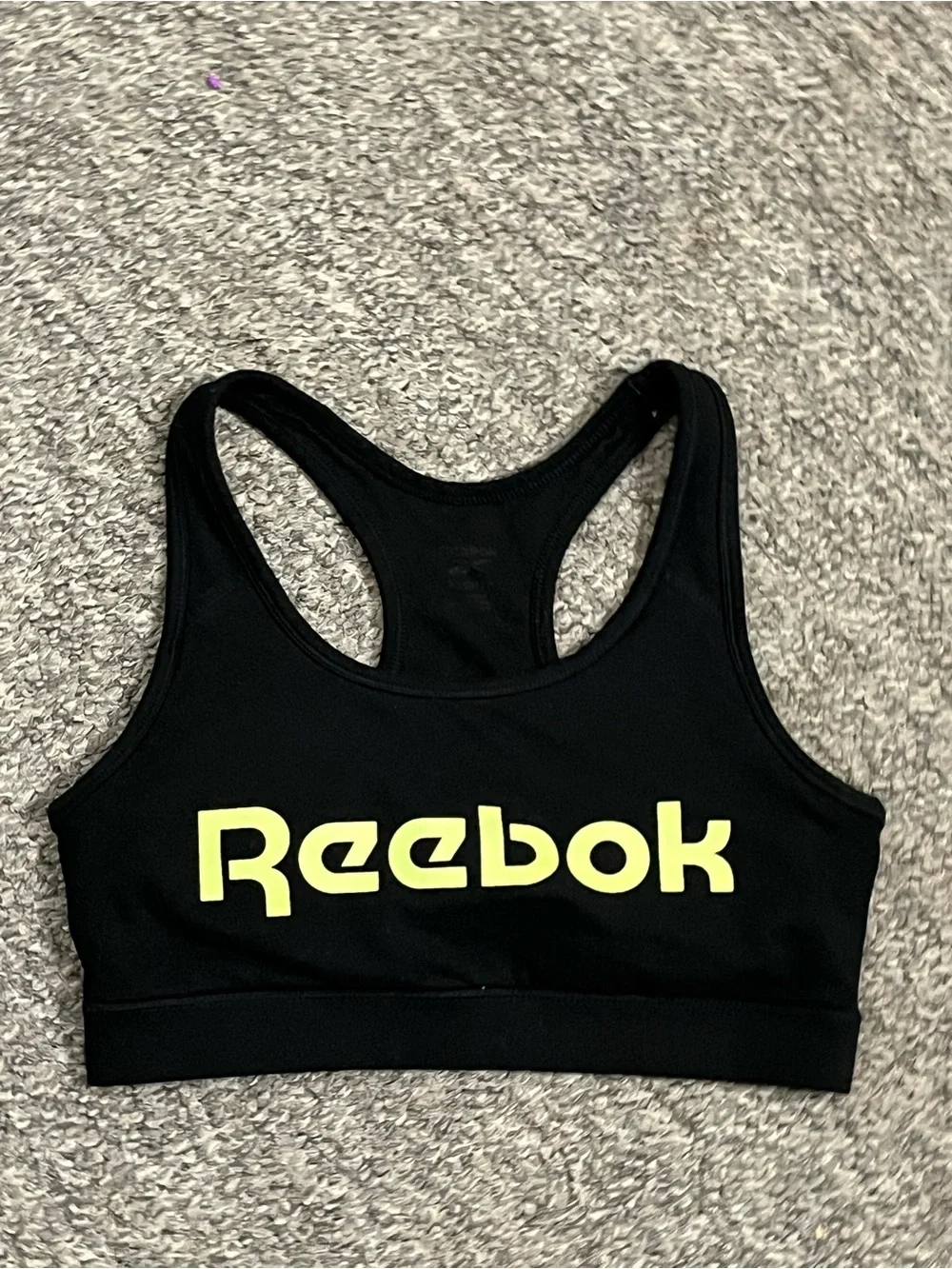 Reebok Women's Racerback Sports Bra Black Neon Yellow Graphic Logo Size Small